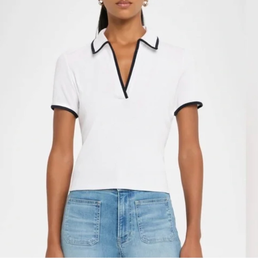 Veronica Beard White Short-Sleeve Polo Top with Black Trim
